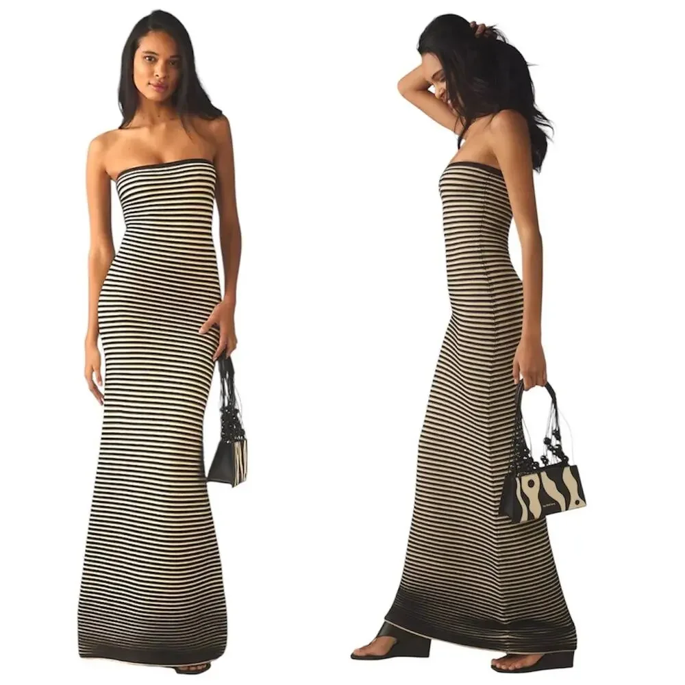 The Wolf Gang Size Small Sunmor Strapless Knit Black & Beige Maxi Dress - Picture 1 of 14